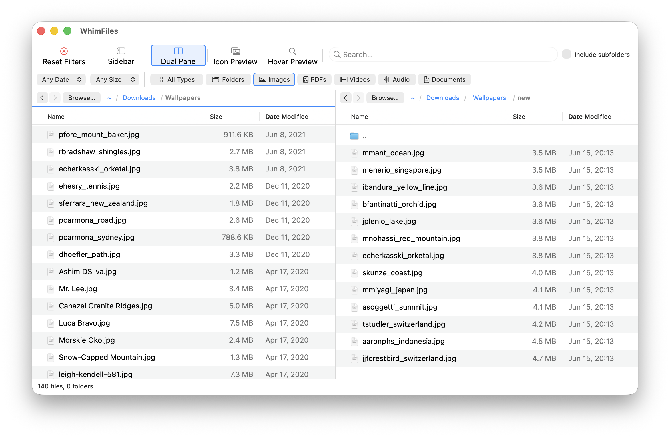 WhimFiles dual pane with Desktop open on the left and Downloads on the right, and image and PDF type filters active