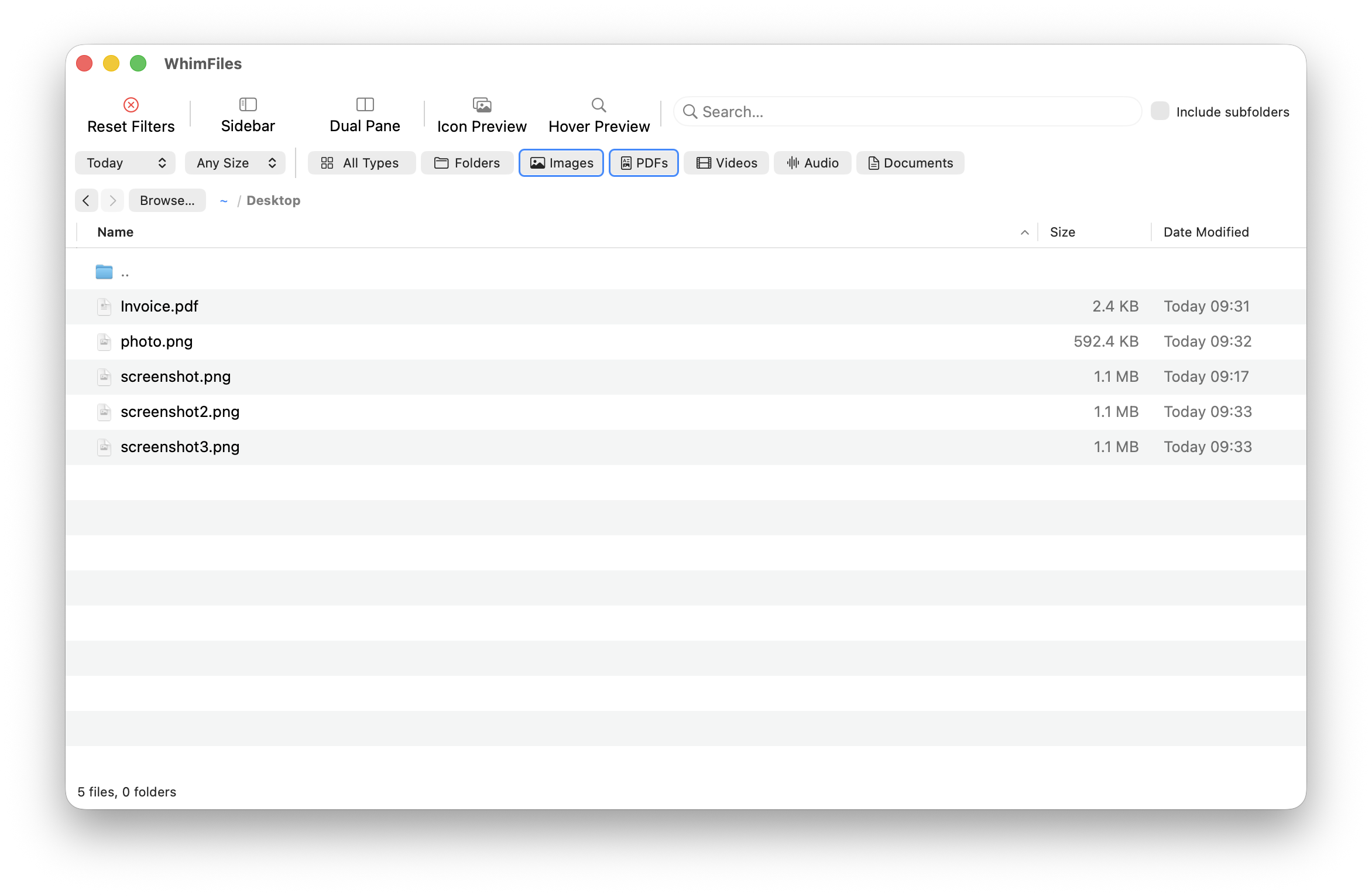WhimFiles filter bar with the Today date filter, Small size filter, and Images and PDFs type filters active simultaneously on the Desktop folder