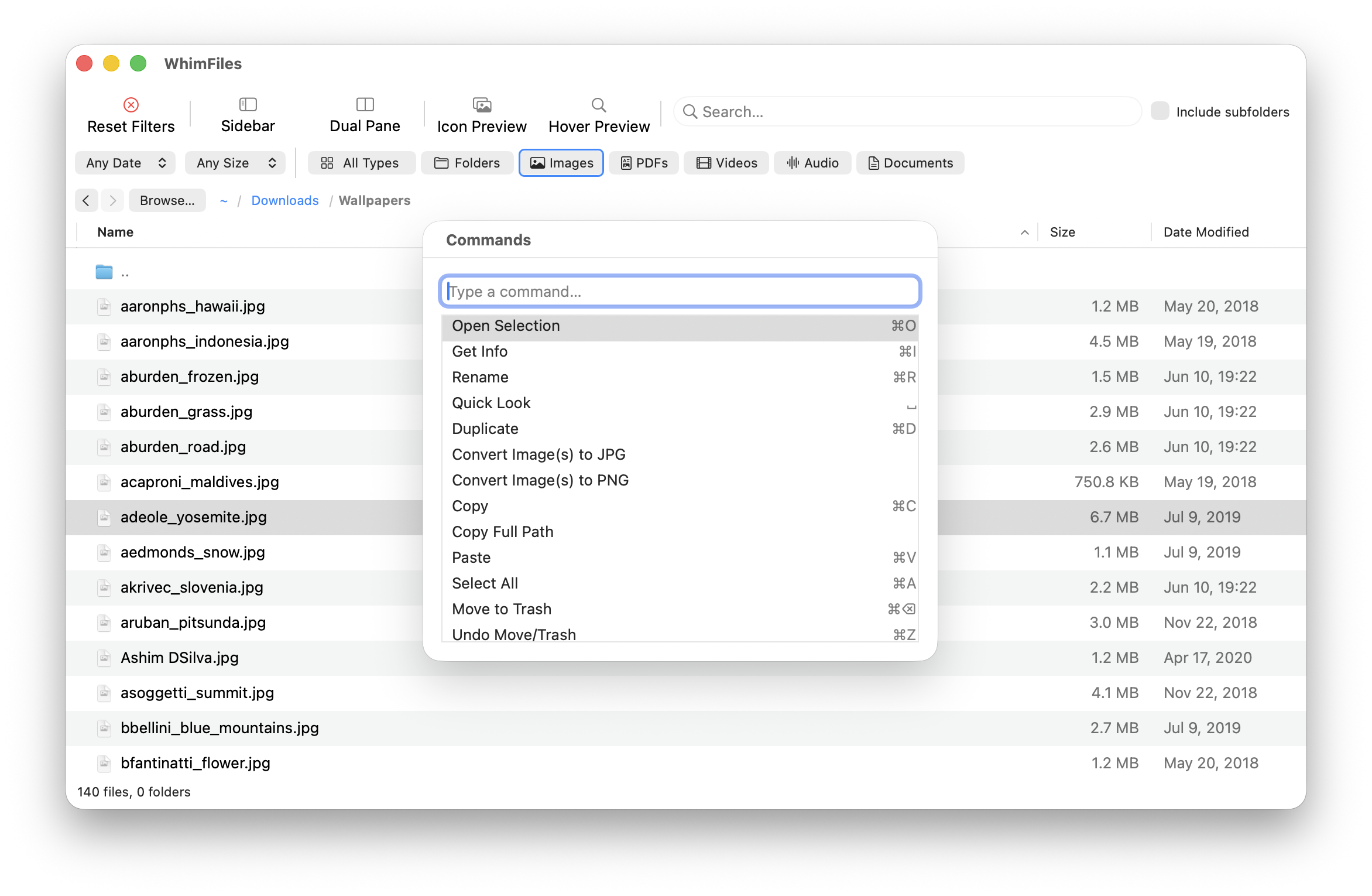 WhimFiles command palette open over the file list, listing actions like Get Info, Rename, Quick Look, Convert Image(s) to JPG/PNG, Copy Full Path, and Undo Move/Trash with their keyboard shortcuts