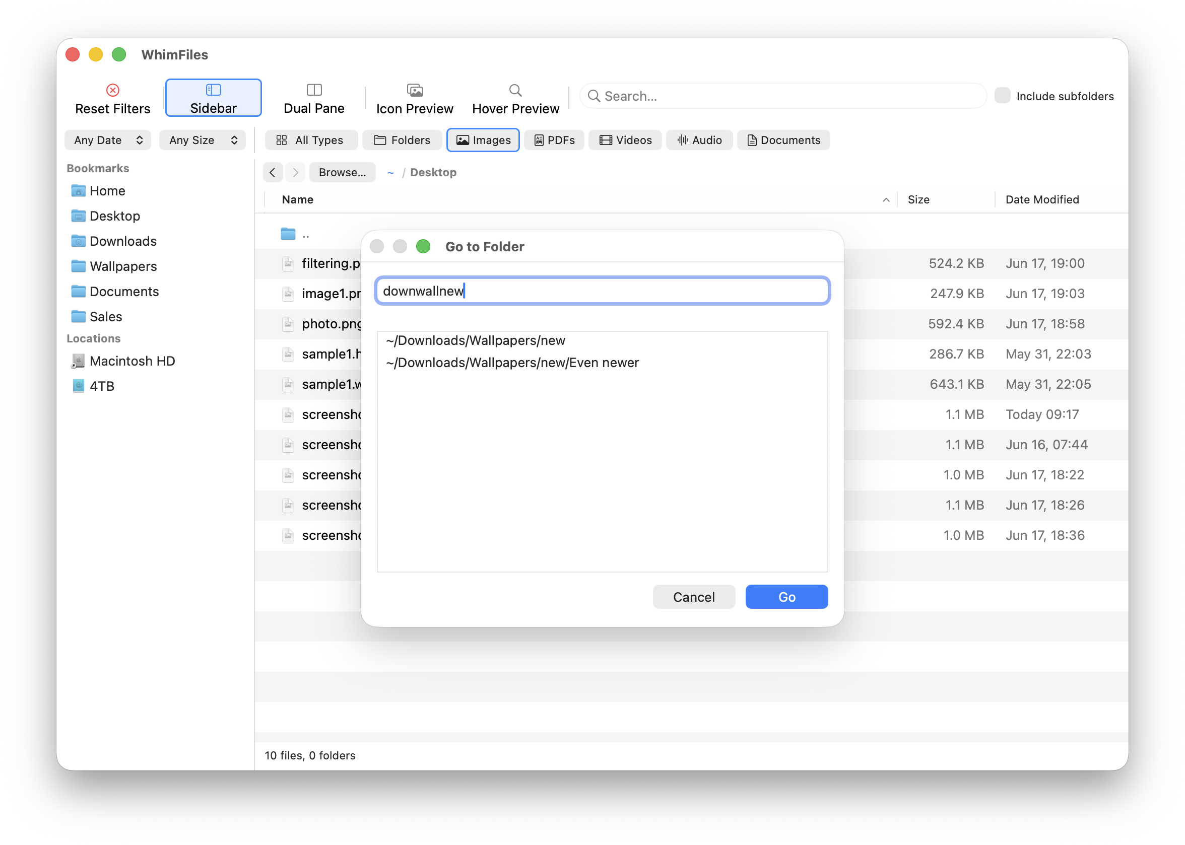 WhimFiles Go to Folder prompt fuzzy-matching “downwallnew” to ~/Downloads/Wallpapers/new, with the sidebar of bookmarks and volumes visible behind it