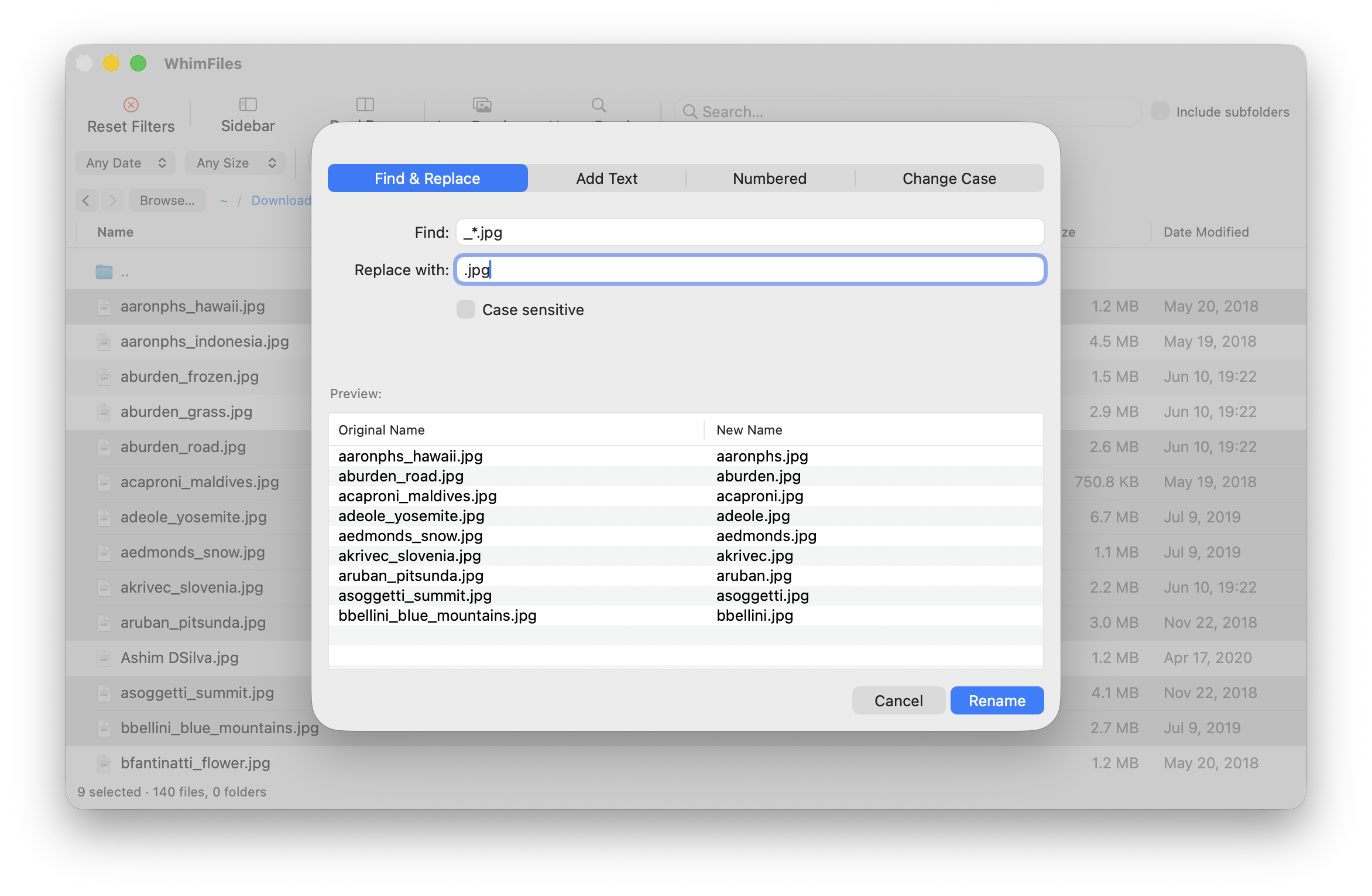 WhimFiles batch rename sheet on the Find & Replace tab, with a live before-and-after preview of the new file names