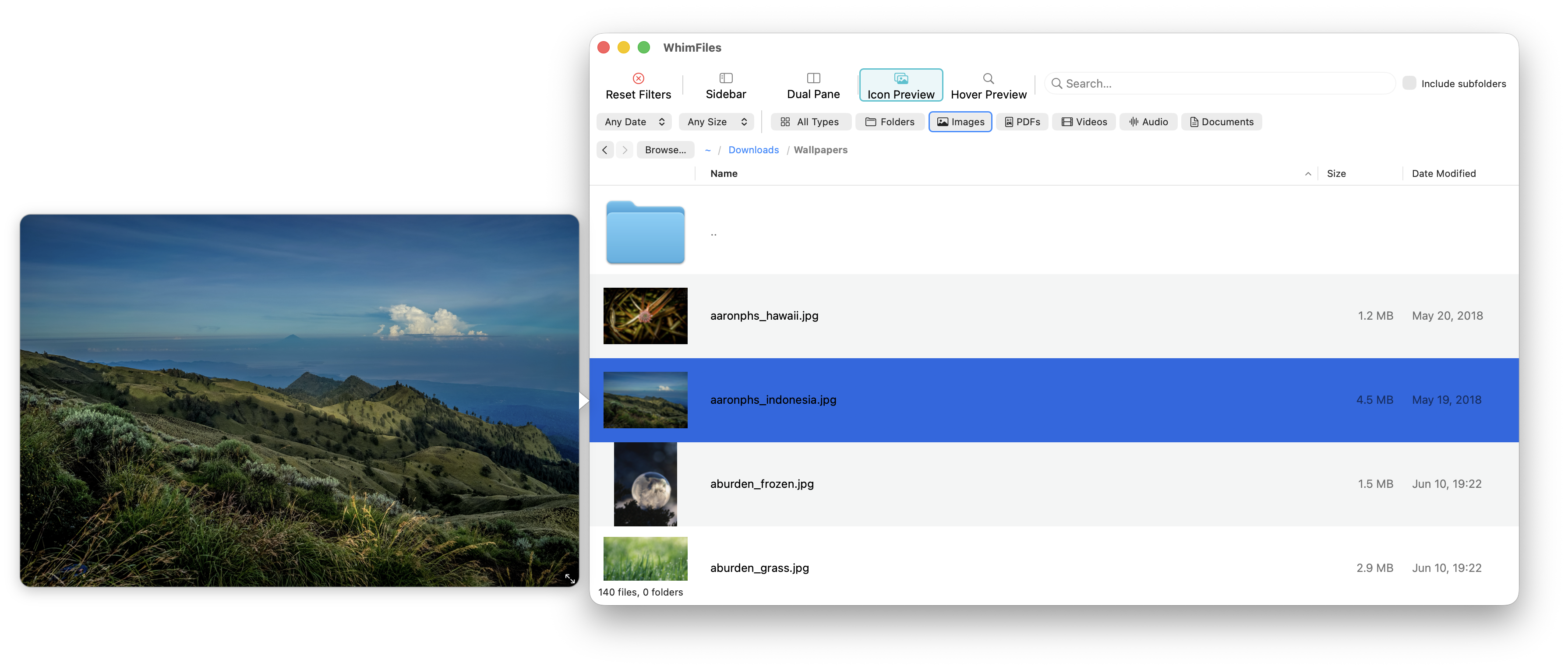 WhimFiles with Icon Preview on, showing image thumbnails in the file list and a large hover preview of a landscape photo floating outside the window
