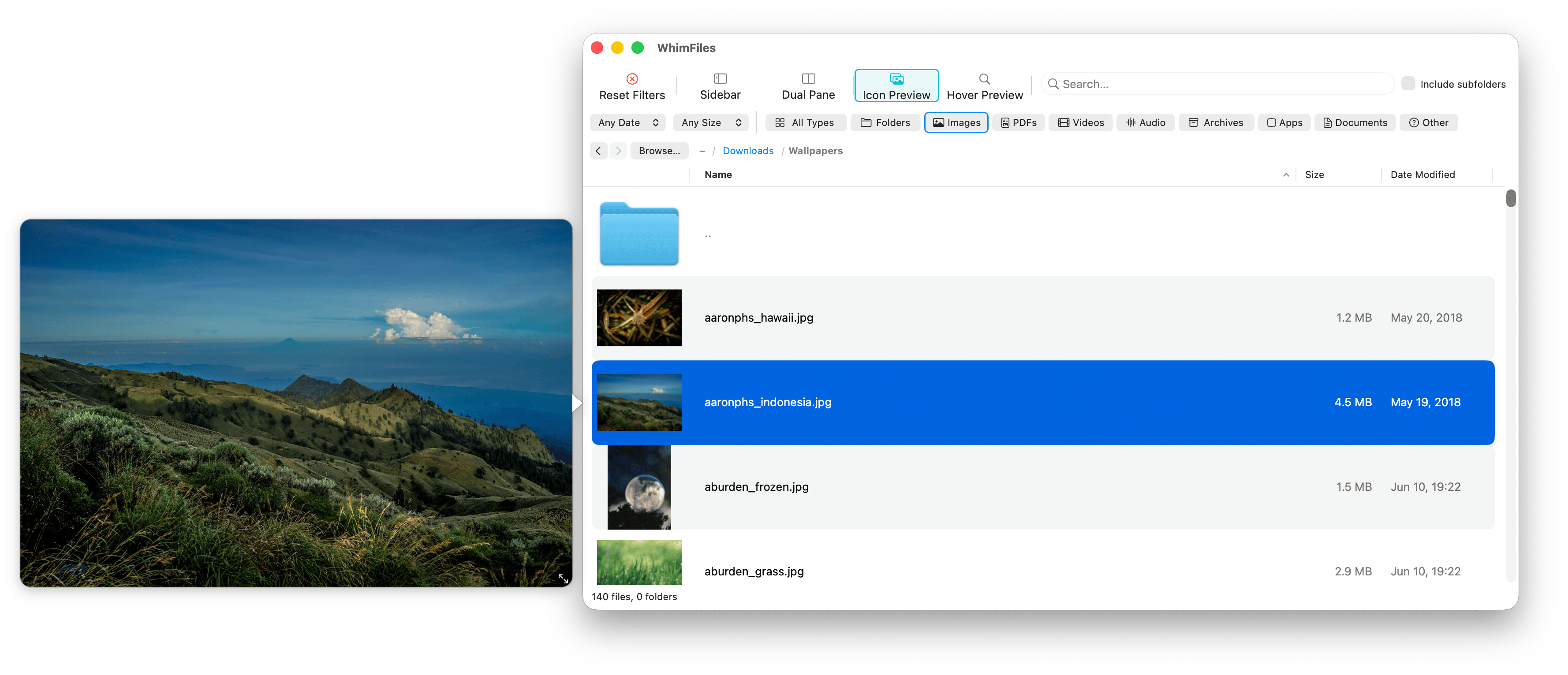 WhimFiles with Icon Preview on, showing image thumbnails in the file list and a large hover preview of a landscape photo floating outside the window