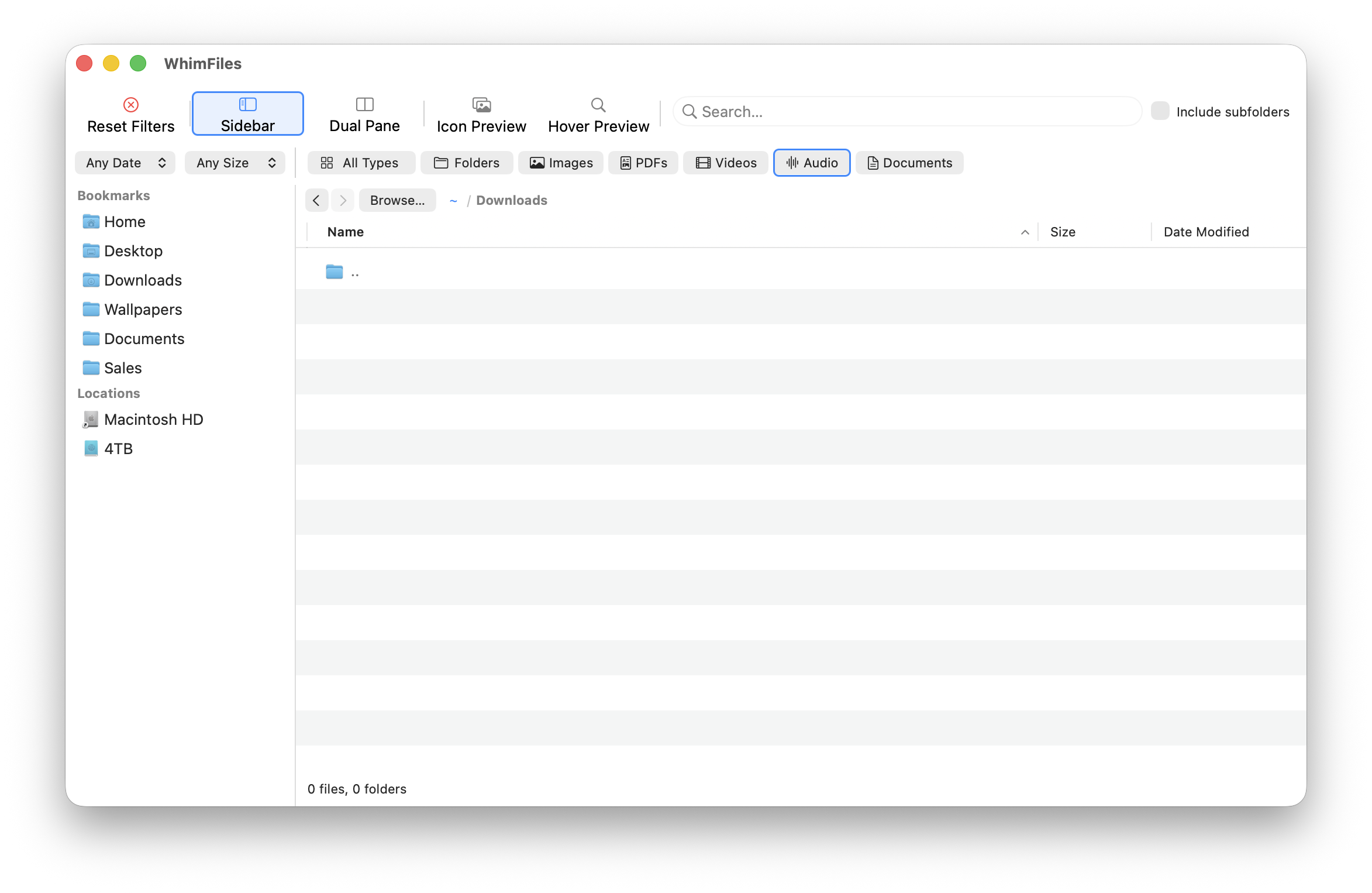 WhimFiles sidebar showing a Bookmarks section (Home, Desktop, Downloads, Wallpapers, Documents, Sales) and a Locations section with the Macintosh HD and 4TB volumes