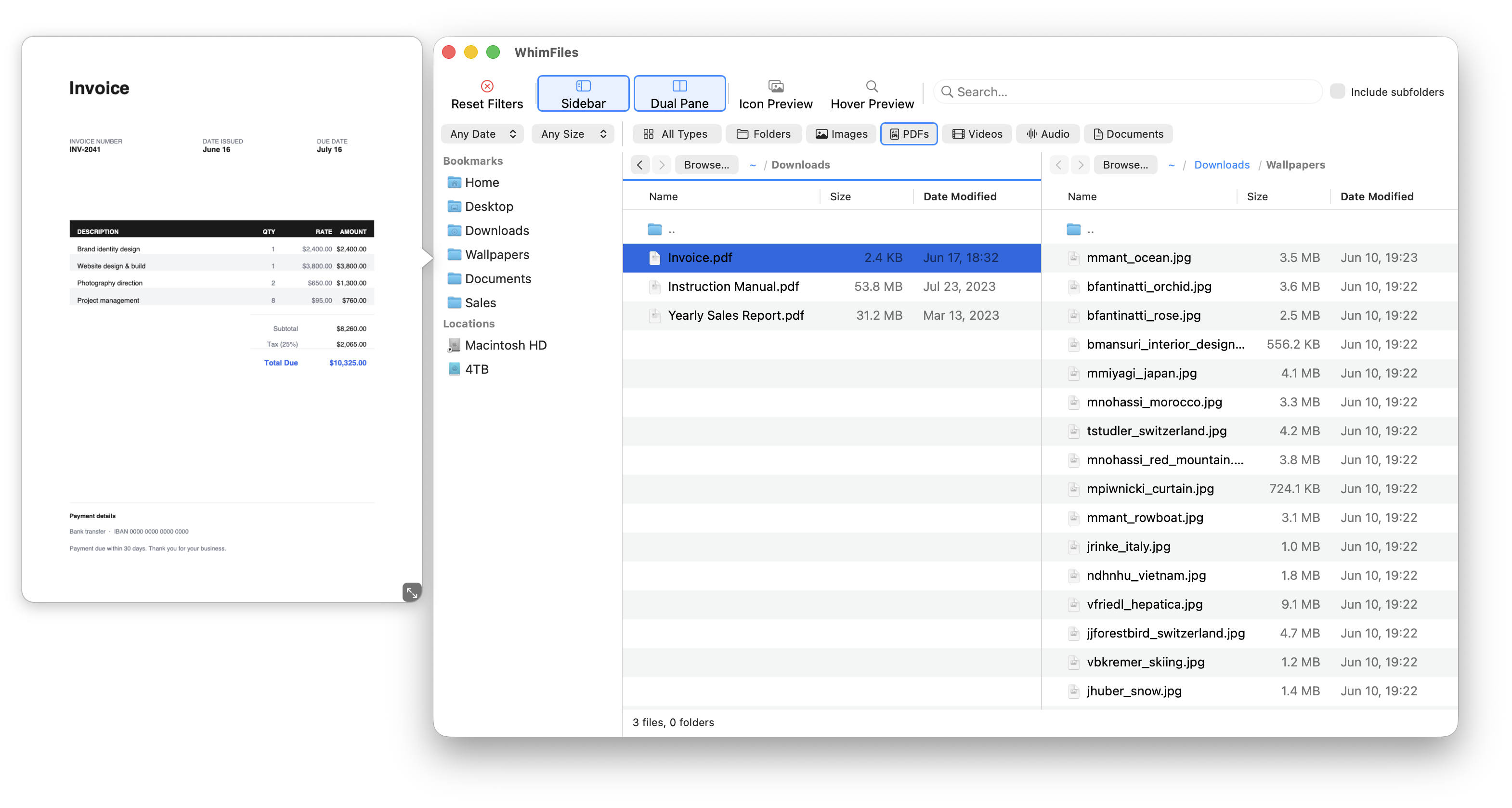 WhimFiles main window, a dual-pane file browser with the real-time filter bar active (type, date, size), breadcrumb path bar, sidebar with bookmarks and volumes, and a hover preview of an image