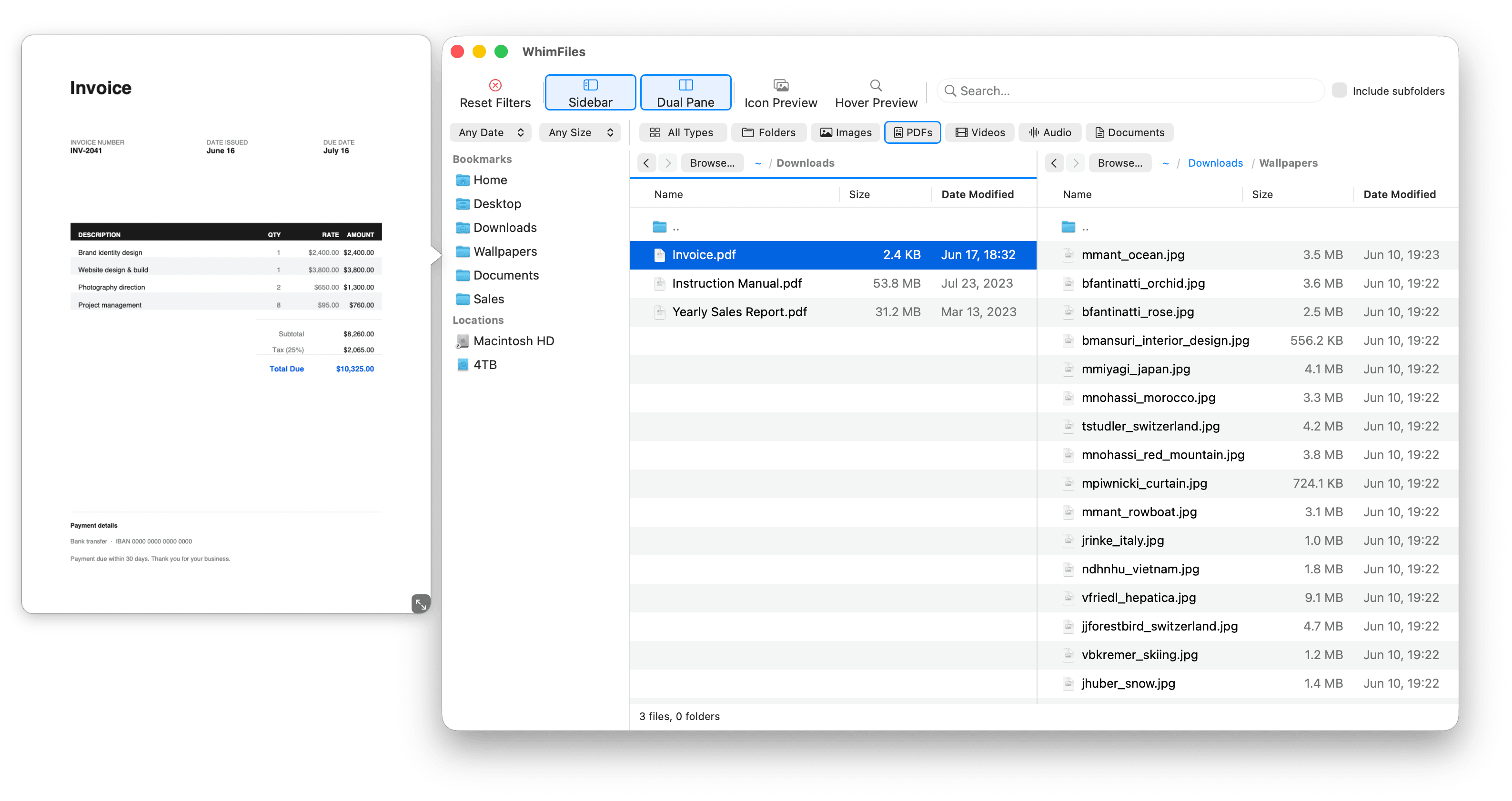 WhimFiles main window, a dual-pane file browser with the real-time filter bar active (type, date, size), breadcrumb path bar, sidebar with bookmarks and volumes, and a hover preview of an image